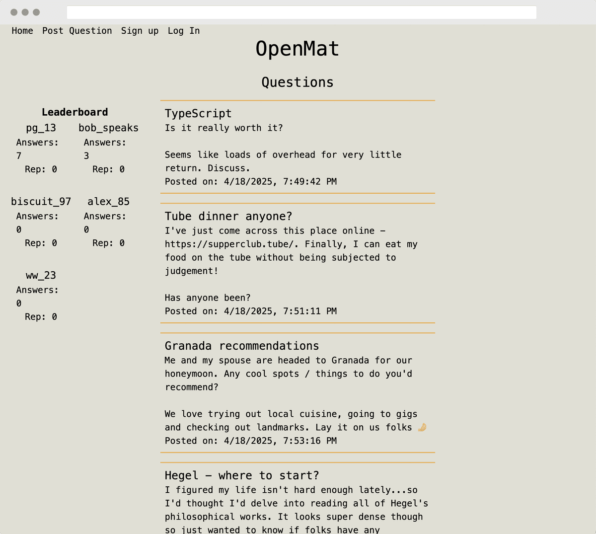 OpenMat desktop view